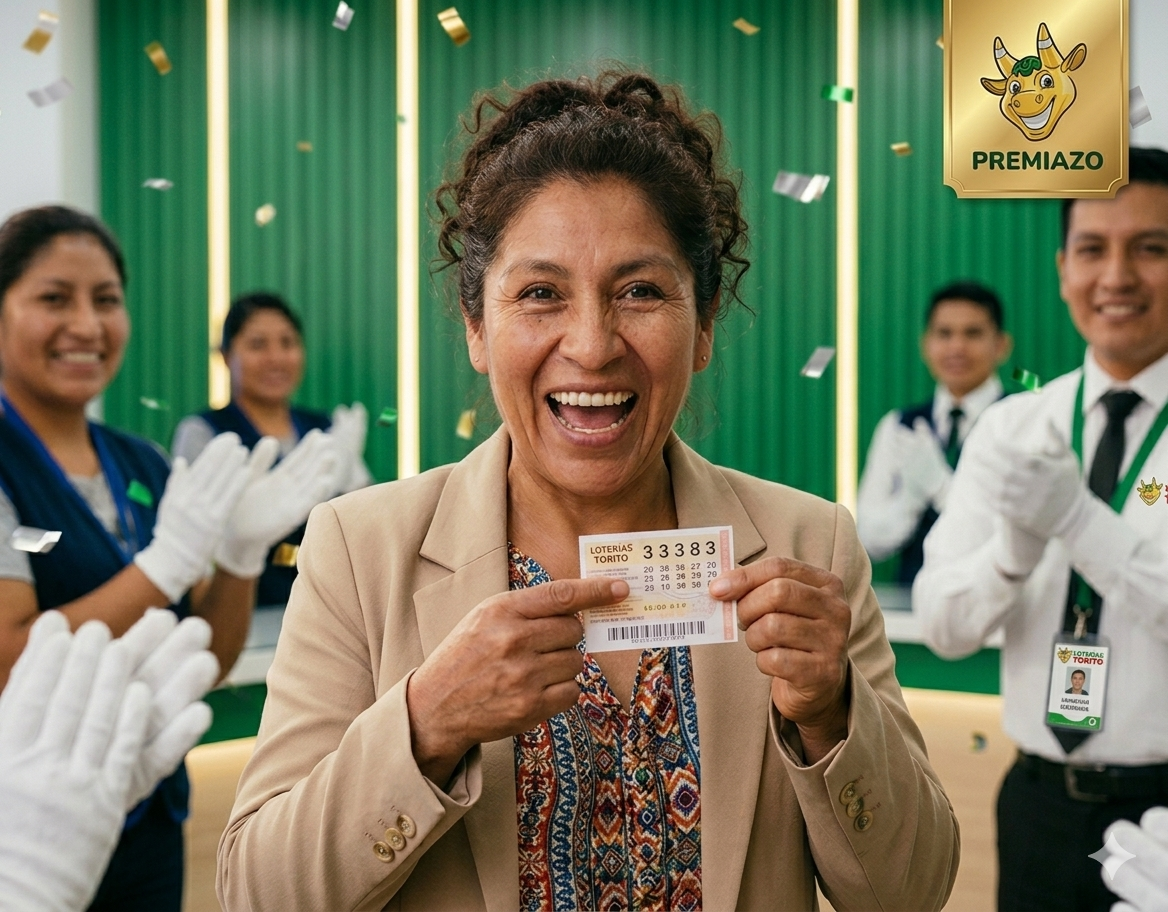 Mujer sonriente celebrando haber ganado el Premiazo de Loterías Torito con su ticket ganador en las oficinas de la marca.