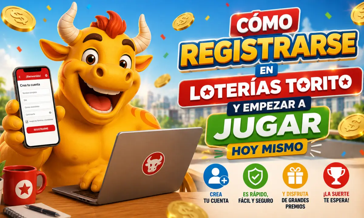 Personaje de Loterías Torito mostrando desde una laptop y un celular cómo registrarse en Loterías Torito para jugar online, crear una cuenta segura y acceder a juegos y premios instantáneos.