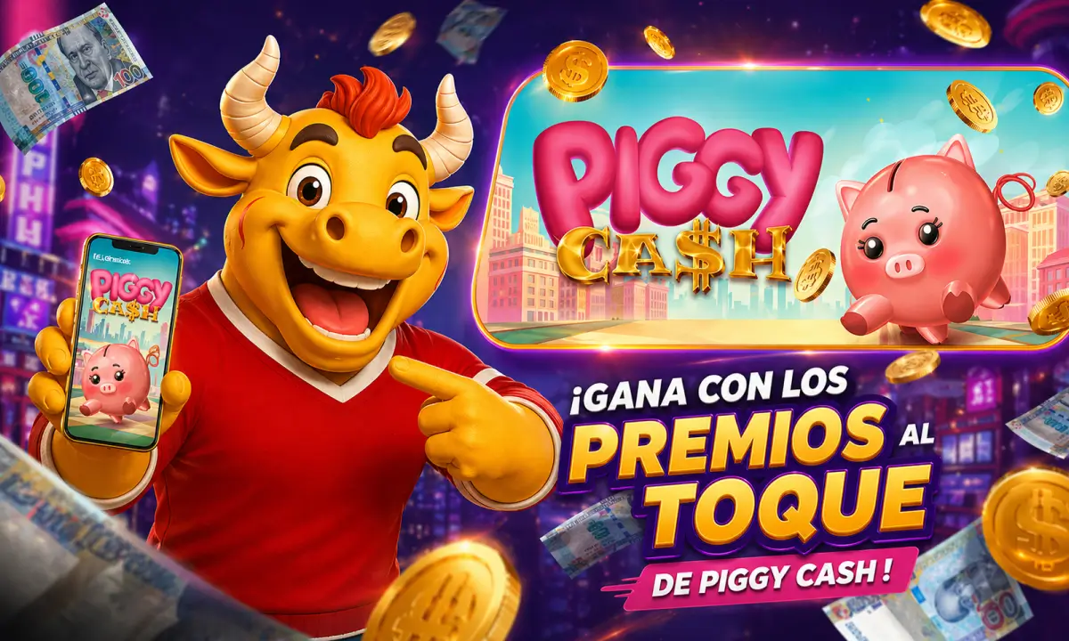 Personaje de Torito mostrando el juego Piggy Cash en un celular con monedas y billetes alrededor, representando un juego para ganar dinero al instante en Loterías Torito.