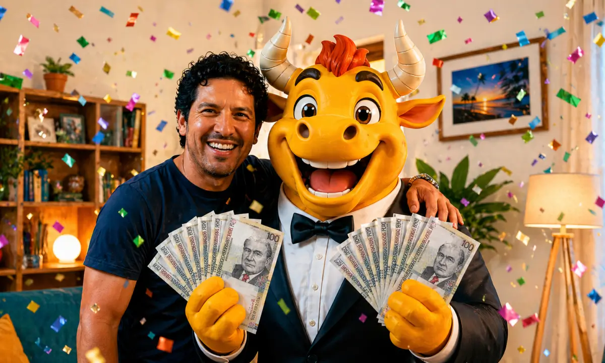 Hombre celebrando junto al personaje de Torito sosteniendo billetes de dinero, representando ganar premios en loterías peruanas con Loterías Torito.