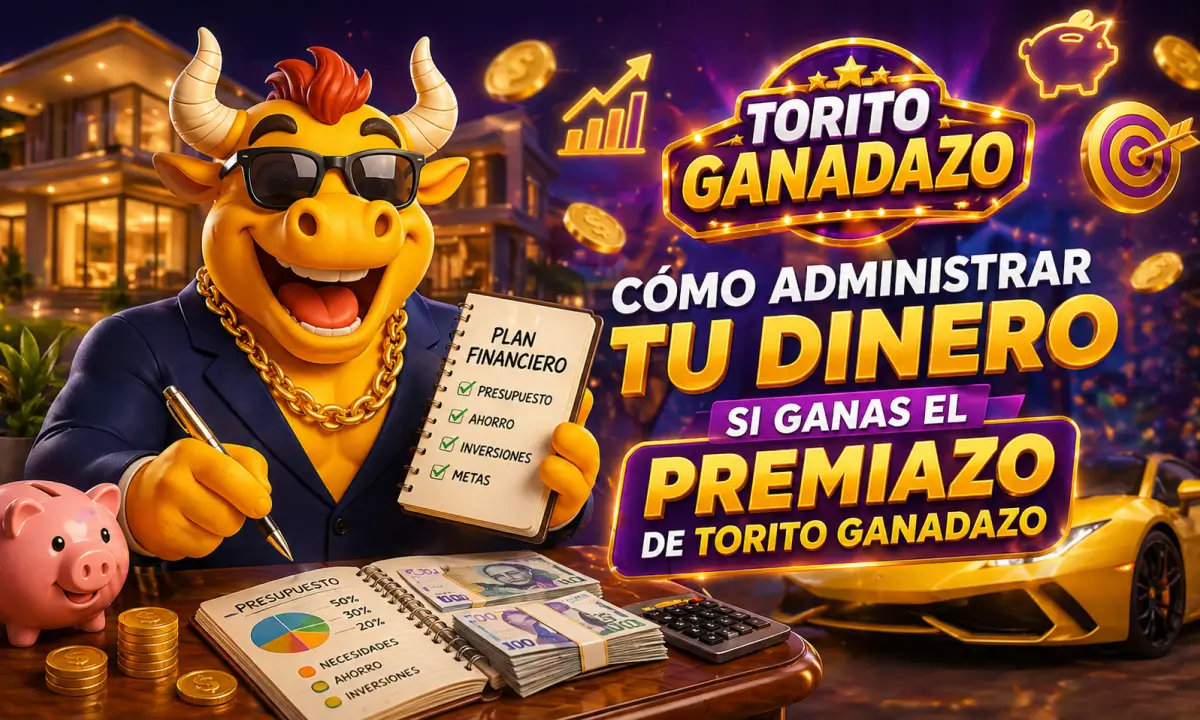 Torito Ganadazo con traje y gafas firma un plan financiero junto a dinero, gráficos y un auto de lujo, representando cómo administrar el premiazo de forma inteligente.