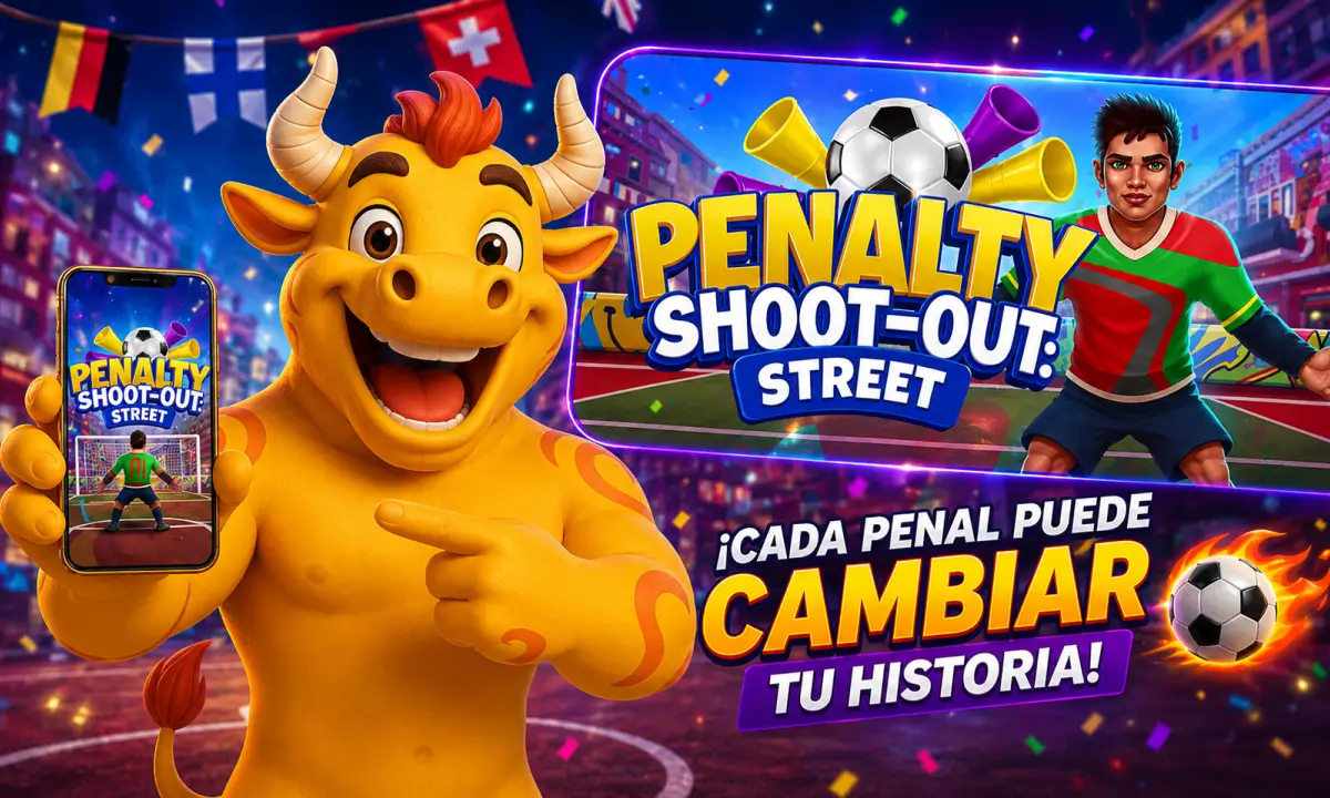 Mascota de Loterías Torito mostrando el juego instantáneo Penalty Shoot-Out Street en un celular, junto a gráficos de fútbol y mensajes sobre premios inmediatos en Torito Gana al Toque.