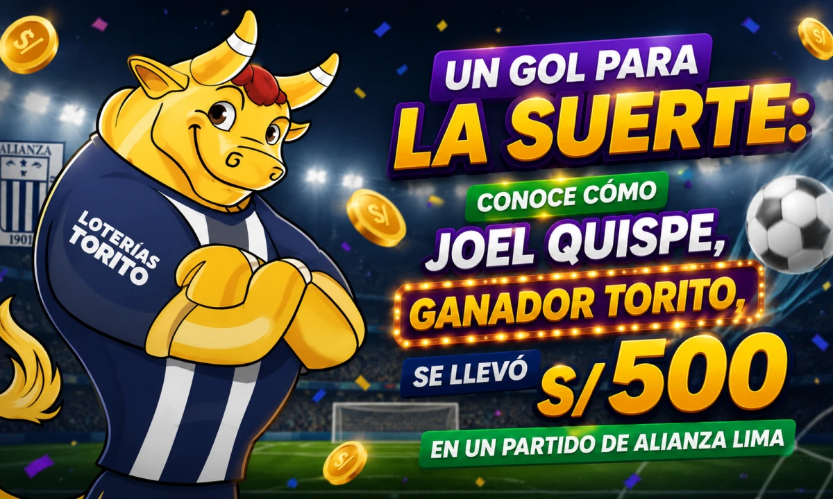 Ganador Torito Joel Quispe celebrando su premio de S/ 500 obtenido durante un partido de Alianza Lima. La imagen muestra a la mascota de Loterías Torito con la camiseta blanquiazul en un estadio de fútbol, acompañada del mensaje sobre la historia del ganador Torito y su experiencia de suerte en el encuentro deportivo.