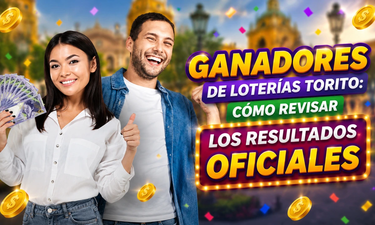 Dos personas sonrientes celebran un premio mientras sostienen dinero en efectivo y hacen gestos de triunfo. A la derecha aparece el mensaje “Ganadores de Loterías Torito: cómo revisar los resultados oficiales”, rodeado de monedas y elementos festivos que representan la emoción de los ganadores Torito al verificar sus resultados y confirmar sus premios.