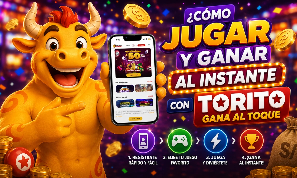 Torito, la mascota de Loterías Torito, sostiene un celular mostrando la plataforma de juegos instantáneos mientras señala la pantalla. A la derecha aparece el mensaje “¿Cómo jugar y ganar al instante con Torito Gana Al Toque?” junto a cuatro pasos ilustrados: registrarse, elegir un juego, jugar y ganar al instante. El diseño incluye monedas doradas, premios y elementos visuales que representan una experiencia rápida de juego online.