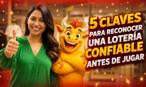 Mujer sonriente haciendo el gesto de aprobación junto a la mascota de Loterías Torito, acompañando un mensaje sobre las 5 claves para identificar una lotería confiable antes de jugar de forma segura y transparente.