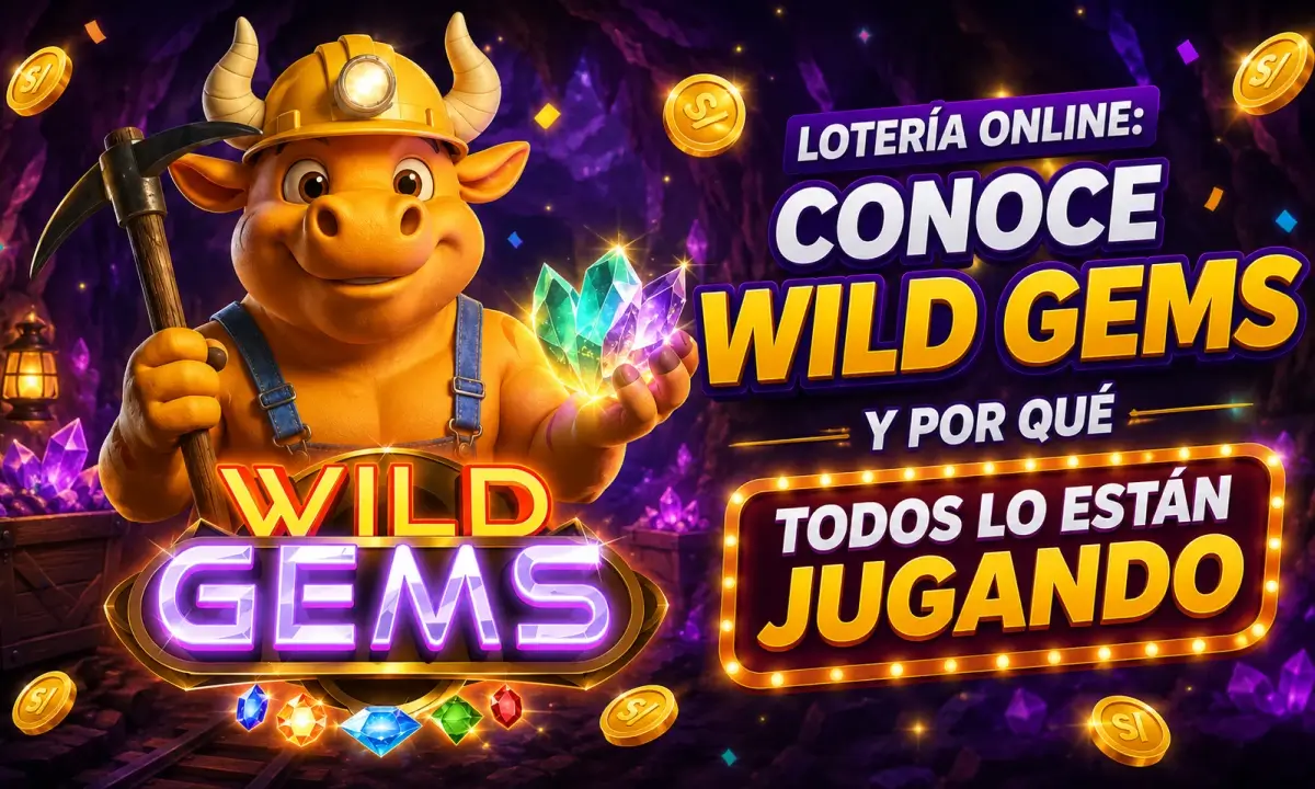 Mascota de Loterías Torito caracterizada como minero sosteniendo una gema brillante dentro de una cueva llena de cristales de colores. La imagen promociona Wild Gems, un juego de lotería online, destacando su popularidad, entretenimiento visual y la posibilidad de obtener premios instantáneos.