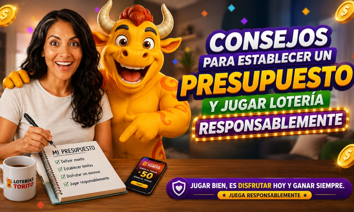 Mujer sonriente revisa un cuaderno de presupuesto junto a la mascota Torito de Loterías Torito. En la libreta aparecen consejos como definir un monto, establecer límites y jugar responsablemente. Sobre la mesa hay un celular con la plataforma de Loterías Torito y un mensaje destacado sobre cómo establecer un presupuesto para jugar lotería de manera responsable.
