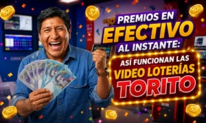 Hombre sonriente sosteniendo billetes y celebrando un premio mientras aparece el mensaje “Premios en efectivo al instante: así funcionan las Video Loterías Torito”. La imagen destaca la posibilidad de obtener premios en efectivo de forma rápida mediante juegos interactivos y resultados inmediatos.
