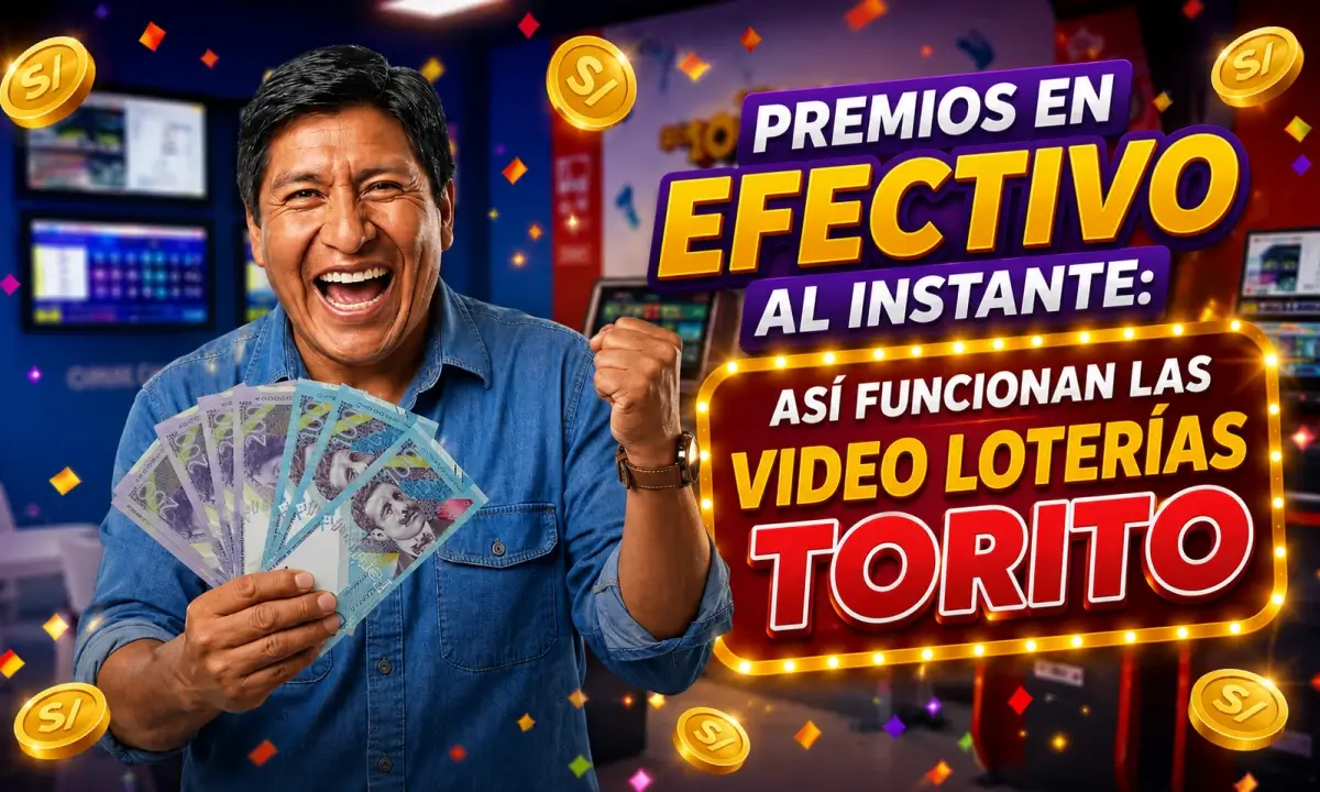 Hombre sonriente sosteniendo billetes y celebrando un premio mientras aparece el mensaje “Premios en efectivo al instante: así funcionan las Video Loterías Torito”. La imagen destaca la posibilidad de obtener premios en efectivo de forma rápida mediante juegos interactivos y resultados inmediatos.