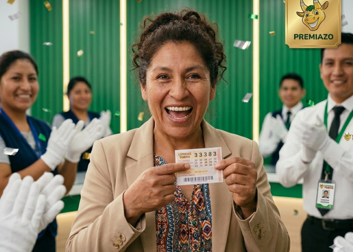 Mujer sonriente celebrando haber ganado el Premiazo de Loterías Torito con su ticket ganador en las oficinas de la marca.