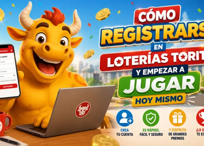 Personaje de Loterías Torito mostrando desde una laptop y un celular cómo registrarse en Loterías Torito para jugar online, crear una cuenta segura y acceder a juegos y premios instantáneos.