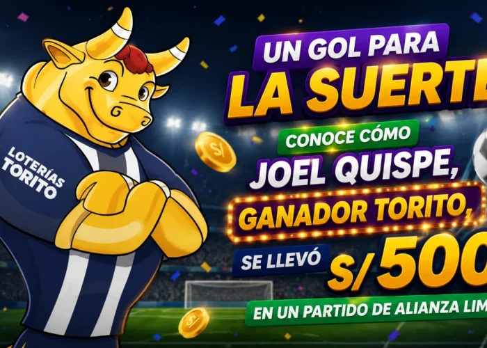 Ganador Torito Joel Quispe celebrando su premio de S/ 500 obtenido durante un partido de Alianza Lima. La imagen muestra a la mascota de Loterías Torito con la camiseta blanquiazul en un estadio de fútbol, acompañada del mensaje sobre la historia del ganador Torito y su experiencia de suerte en el encuentro deportivo.