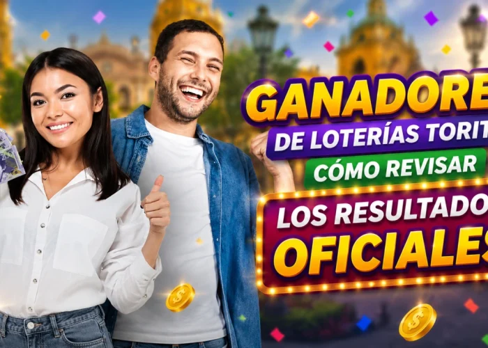 Dos personas sonrientes celebran un premio mientras sostienen dinero en efectivo y hacen gestos de triunfo. A la derecha aparece el mensaje “Ganadores de Loterías Torito: cómo revisar los resultados oficiales”, rodeado de monedas y elementos festivos que representan la emoción de los ganadores Torito al verificar sus resultados y confirmar sus premios.