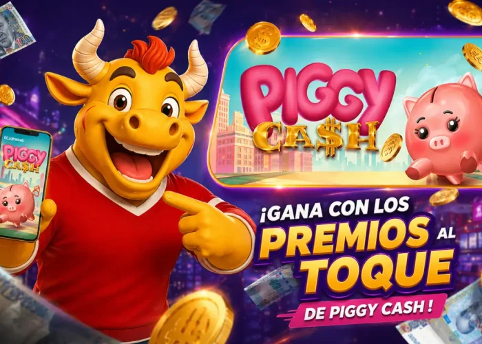 Personaje de Torito mostrando el juego Piggy Cash en un celular con monedas y billetes alrededor, representando un juego para ganar dinero al instante en Loterías Torito.