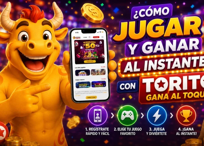 Torito, la mascota de Loterías Torito, sostiene un celular mostrando la plataforma de juegos instantáneos mientras señala la pantalla. A la derecha aparece el mensaje “¿Cómo jugar y ganar al instante con Torito Gana Al Toque?” junto a cuatro pasos ilustrados: registrarse, elegir un juego, jugar y ganar al instante. El diseño incluye monedas doradas, premios y elementos visuales que representan una experiencia rápida de juego online.