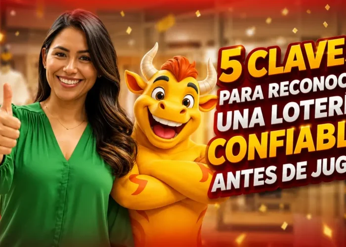 Mujer sonriente haciendo el gesto de aprobación junto a la mascota de Loterías Torito, acompañando un mensaje sobre las 5 claves para identificar una lotería confiable antes de jugar de forma segura y transparente.