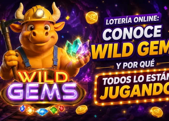 Mascota de Loterías Torito caracterizada como minero sosteniendo una gema brillante dentro de una cueva llena de cristales de colores. La imagen promociona Wild Gems, un juego de lotería online, destacando su popularidad, entretenimiento visual y la posibilidad de obtener premios instantáneos.