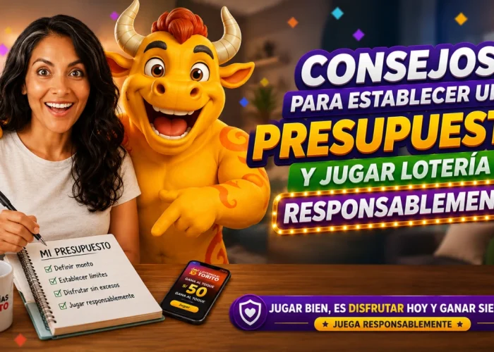 Mujer sonriente revisa un cuaderno de presupuesto junto a la mascota Torito de Loterías Torito. En la libreta aparecen consejos como definir un monto, establecer límites y jugar responsablemente. Sobre la mesa hay un celular con la plataforma de Loterías Torito y un mensaje destacado sobre cómo establecer un presupuesto para jugar lotería de manera responsable.