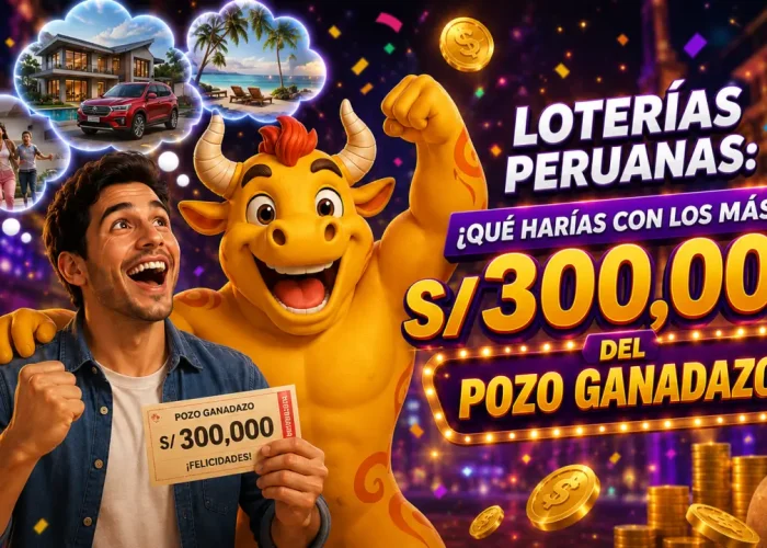 Jugador celebrando un premio de S/300,000 del Pozo Ganadazo de Loterías Torito junto al personaje del torito, mientras imagina comprar una casa, un auto y viajar en familia gracias a las loterías peruanas.