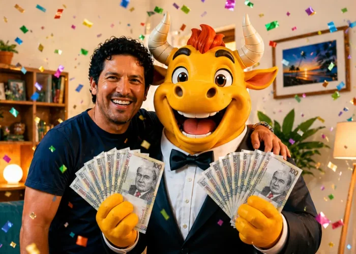 Hombre celebrando junto al personaje de Torito sosteniendo billetes de dinero, representando ganar premios en loterías peruanas con Loterías Torito.