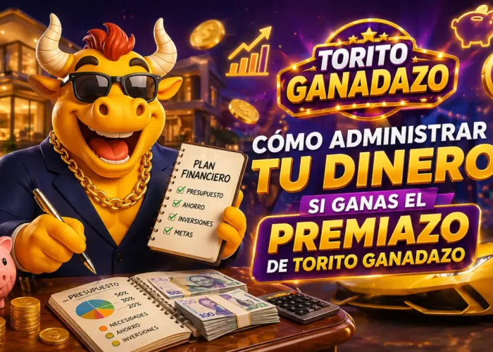 Torito Ganadazo con traje y gafas firma un plan financiero junto a dinero, gráficos y un auto de lujo, representando cómo administrar el premiazo de forma inteligente.