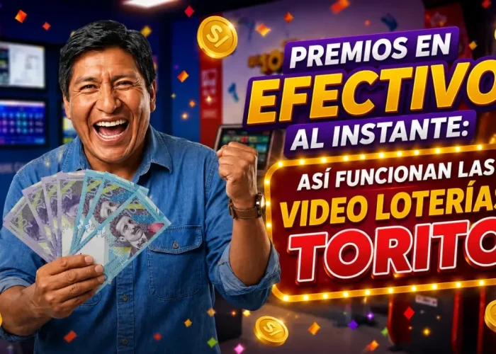 Hombre sonriente sosteniendo billetes y celebrando un premio mientras aparece el mensaje “Premios en efectivo al instante: así funcionan las Video Loterías Torito”. La imagen destaca la posibilidad de obtener premios en efectivo de forma rápida mediante juegos interactivos y resultados inmediatos.