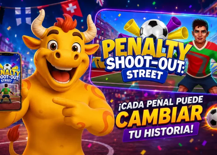 Mascota de Loterías Torito mostrando el juego instantáneo Penalty Shoot-Out Street en un celular, junto a gráficos de fútbol y mensajes sobre premios inmediatos en Torito Gana al Toque.